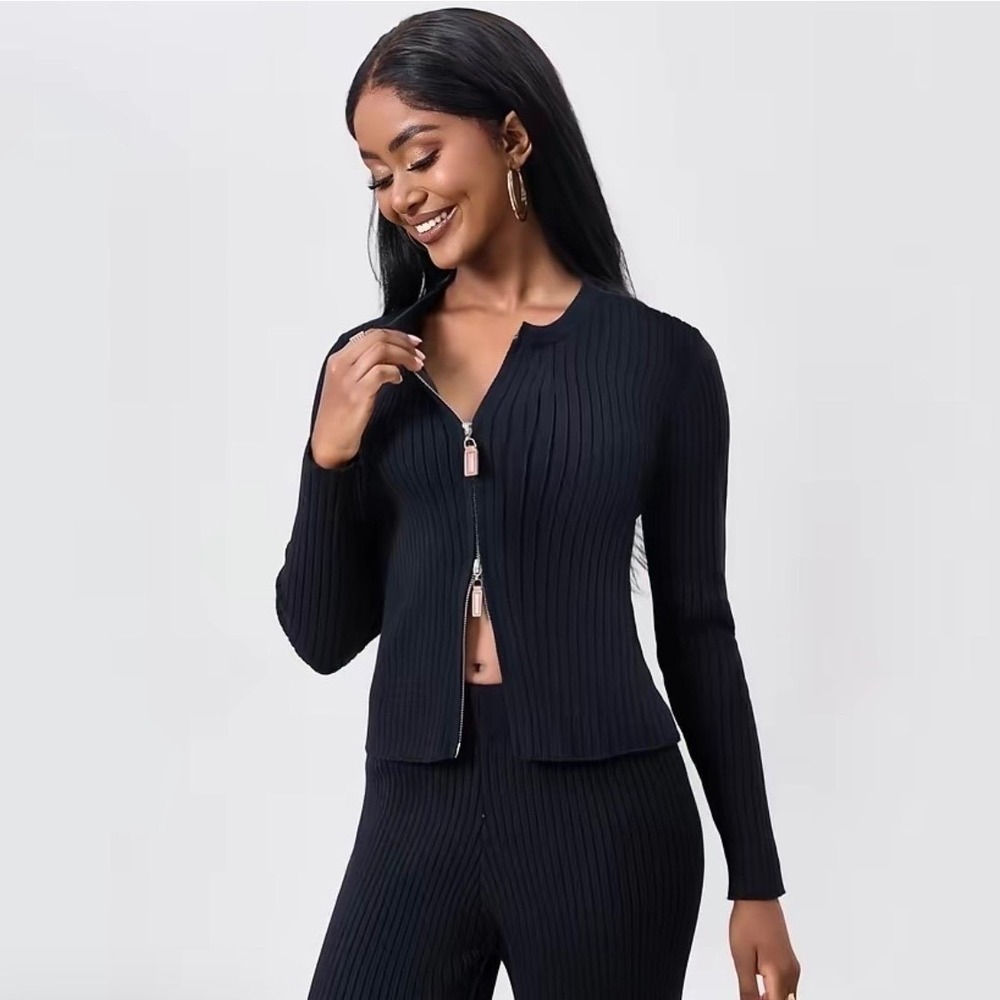Katch Me Black Ribbed Knit 2 Piece Set Double Zip Cardigan Wide Leg Pants Women